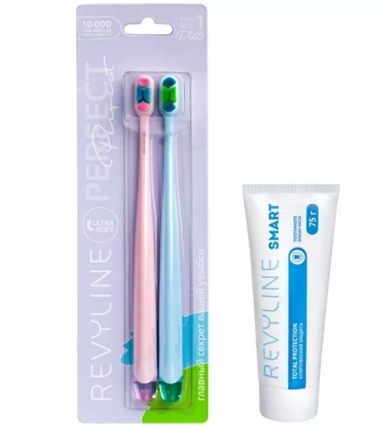 Комплект зубных щеток Revyline Perfect,  розовая и голубая,  и паста Сма