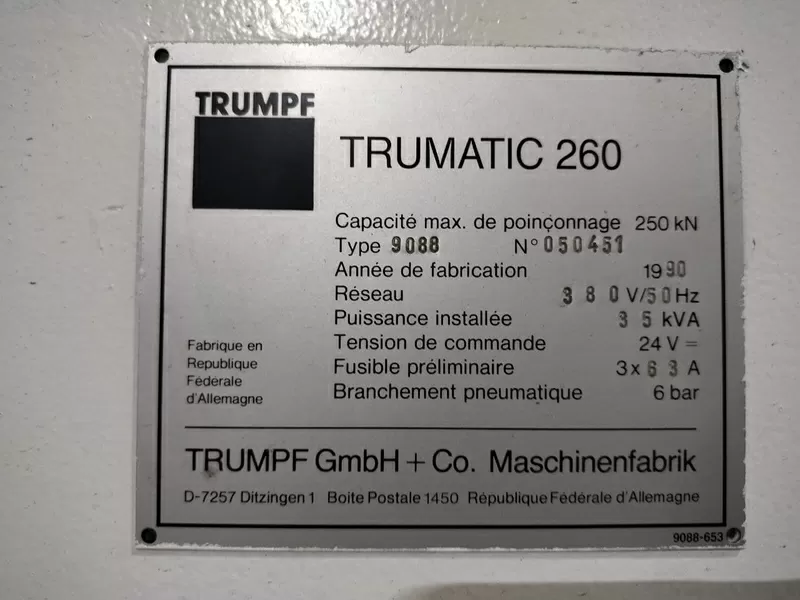 Организация продает Координатно-пробивной пресс TRUMPF TRUMATIC 260 RO 3